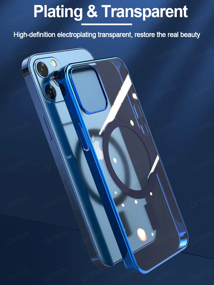 

Mag Magnetic Safe Transparent Clear Electroplating Frame Phone Case for Apple iPhone 12 Pro Max 12 Mini Hard Back Cover