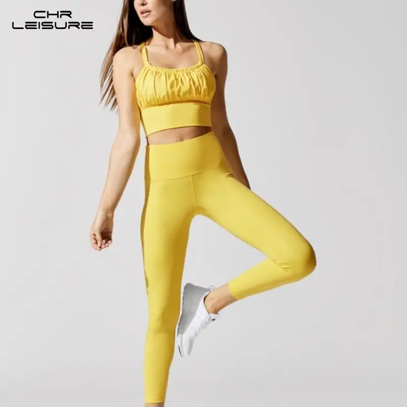 

CHRLEISURE Women's Clothing Pants Sets Sleeveless Sling Beauty Back Pleated Bra + Leggings Solid Color Women Two Piece Outfits