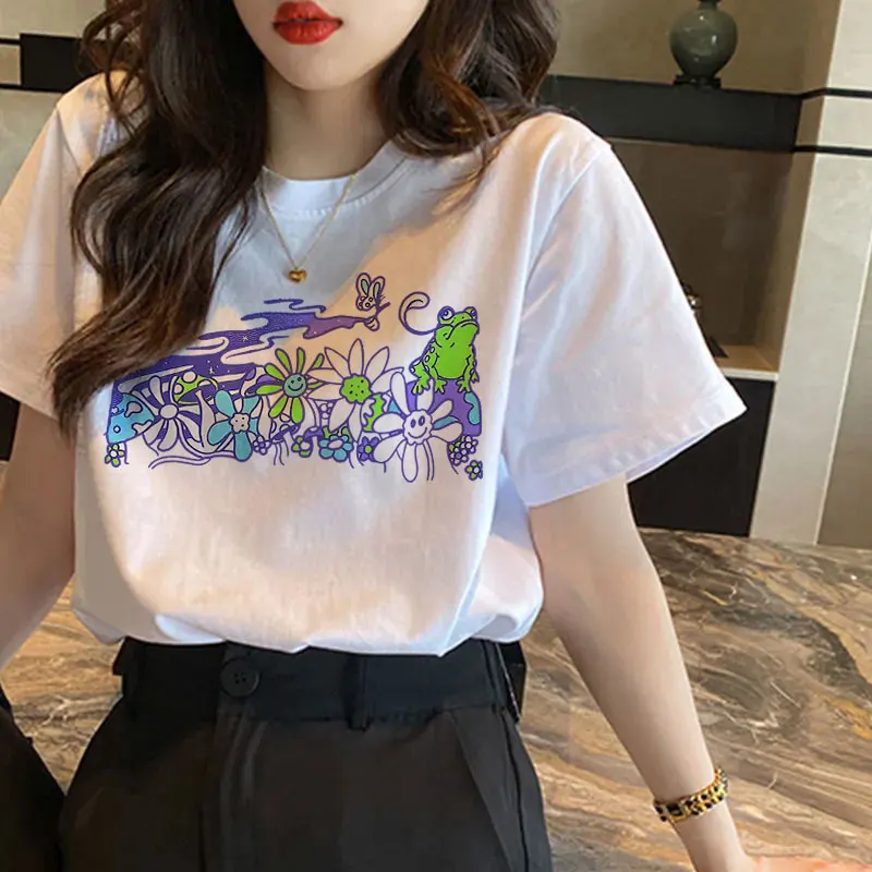 

Women T Shirts Mushroom Flower Frog Print T Shirt Egirl Grunge Aesthetic Streetwear Tops Oversized T-shirt Ladies T-shirt Female