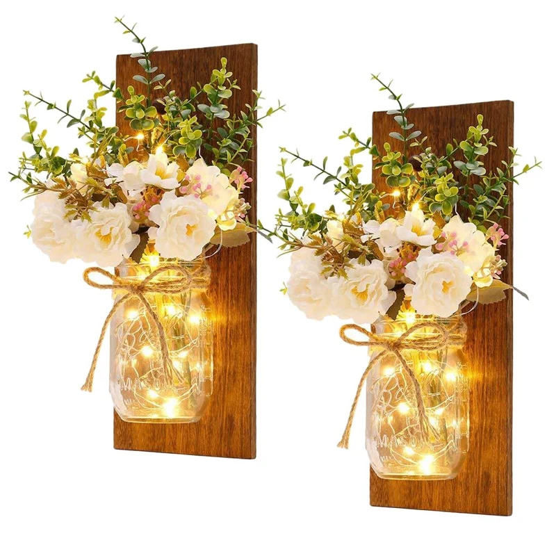 

Rustic Wall Lamp Mason Jar Sconces, Handmade Art Hanging Home Decor 2 Set with LED Fairy Lights Decorative Peony Flower