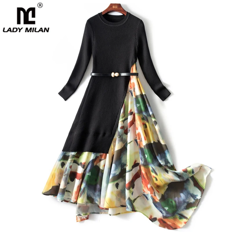 

Женское трикотажное платье-миди с длинным рукавом и круглым вырезом