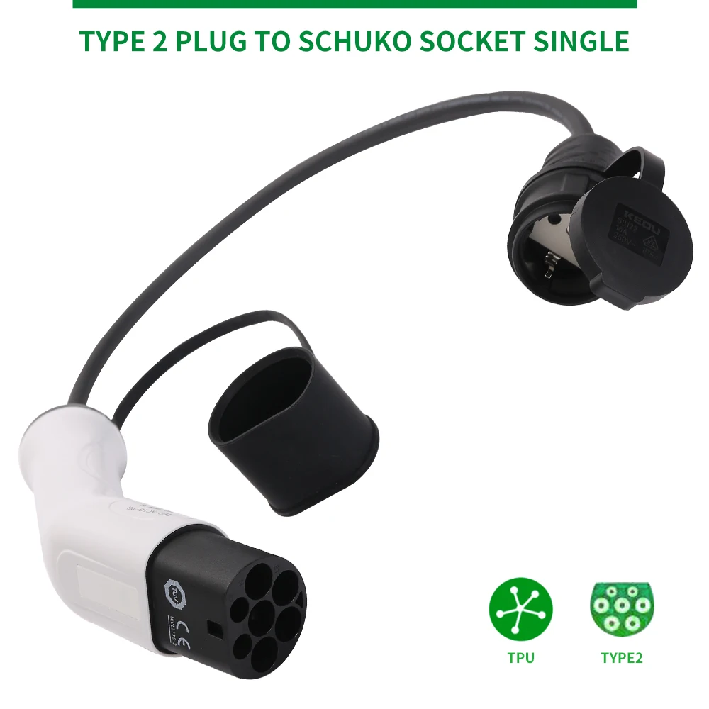 

16A Type 2 Male Plug to Schuko Socket EV Charging Adapter Portable Electric Car Charger Cable