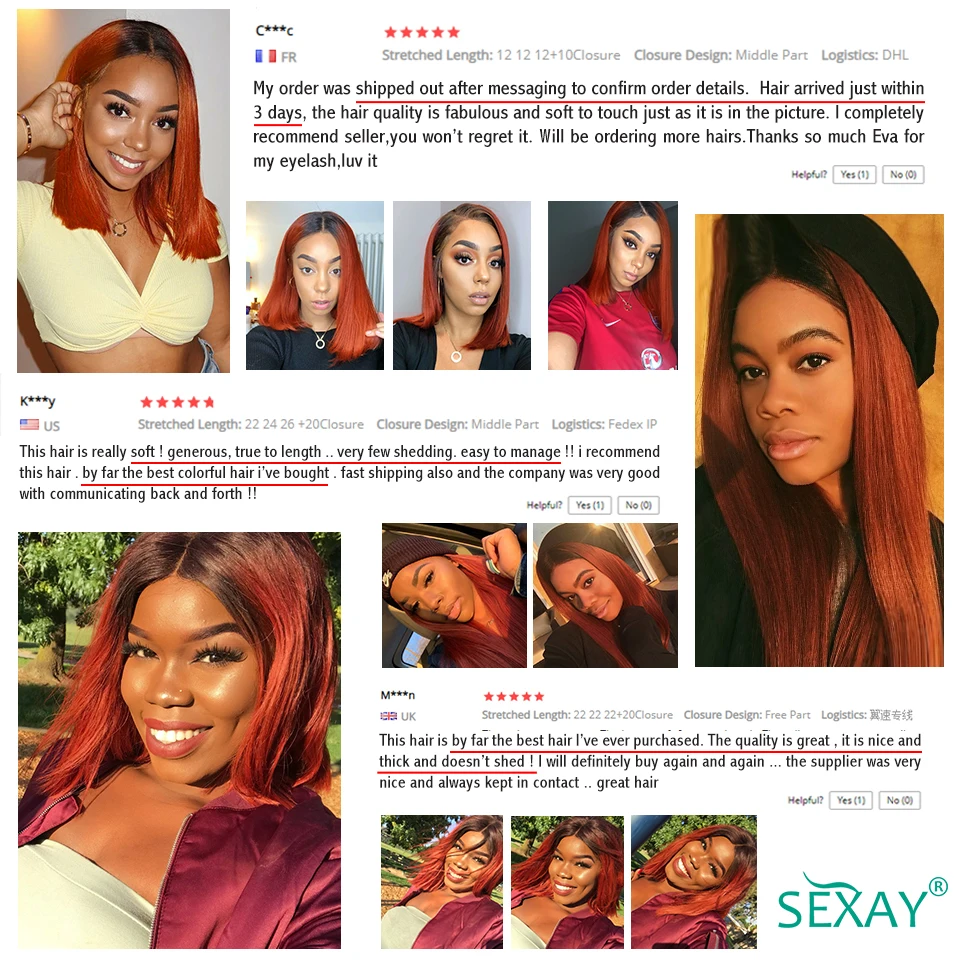 

SEXAY Ombre Bundles With Closure 1B/350 Burnt Orange Pre Colored Human Hair Extensions Remy Hair Weave 3 Bundles With Closure