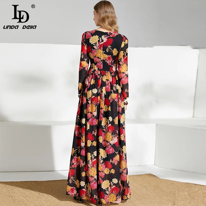 

LD LINDA DELLA Summer Fashion Runway Maxi Dresses Women Charming Floral Print Chiffon Boho Holiday Party Belted Long Dress 2021