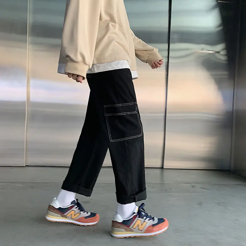 2021 spring new men's jeans Korean style loose straight three-dimensional big pocket trendy wide-leg pants