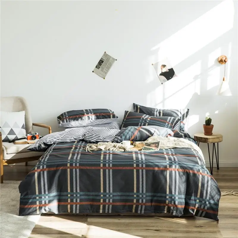 

42 100% cotton Bedding sets Twin Queen King size Bed Duvet cover Bed sheets/fitted sheet linen set black plaid bed set