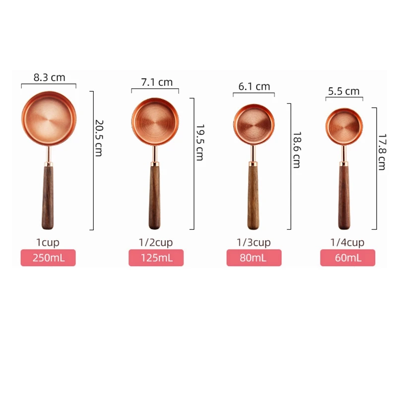 4Pcs Walnut Wooden Handle Stainless Steel Measuring Cup Spoon Plated Copper Rose Gold Kitchen Baking Set | Дом и сад