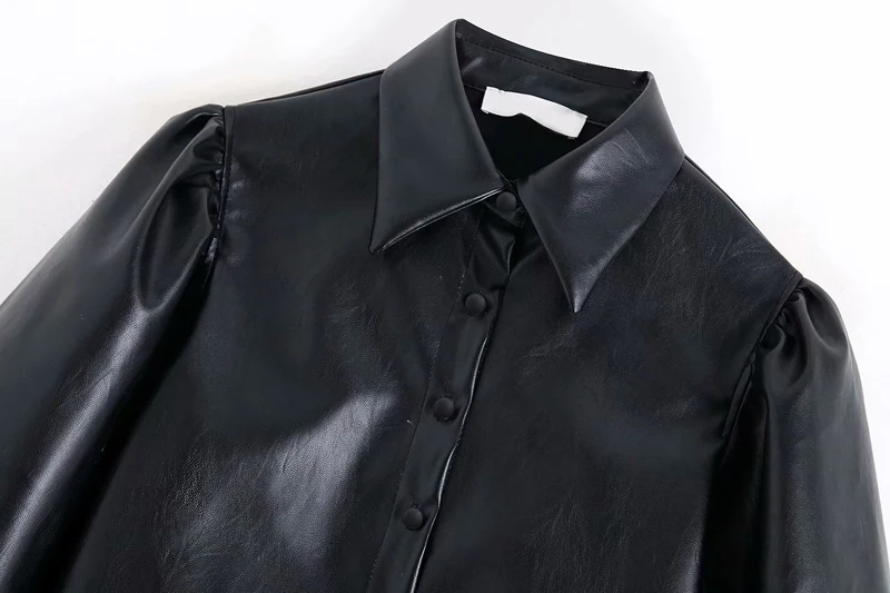 Autumn New Puff sleeve Short Blouse Women Fashion Button Solid Faux Leather Shirts Ladies Casual Black Tops Female Blusas