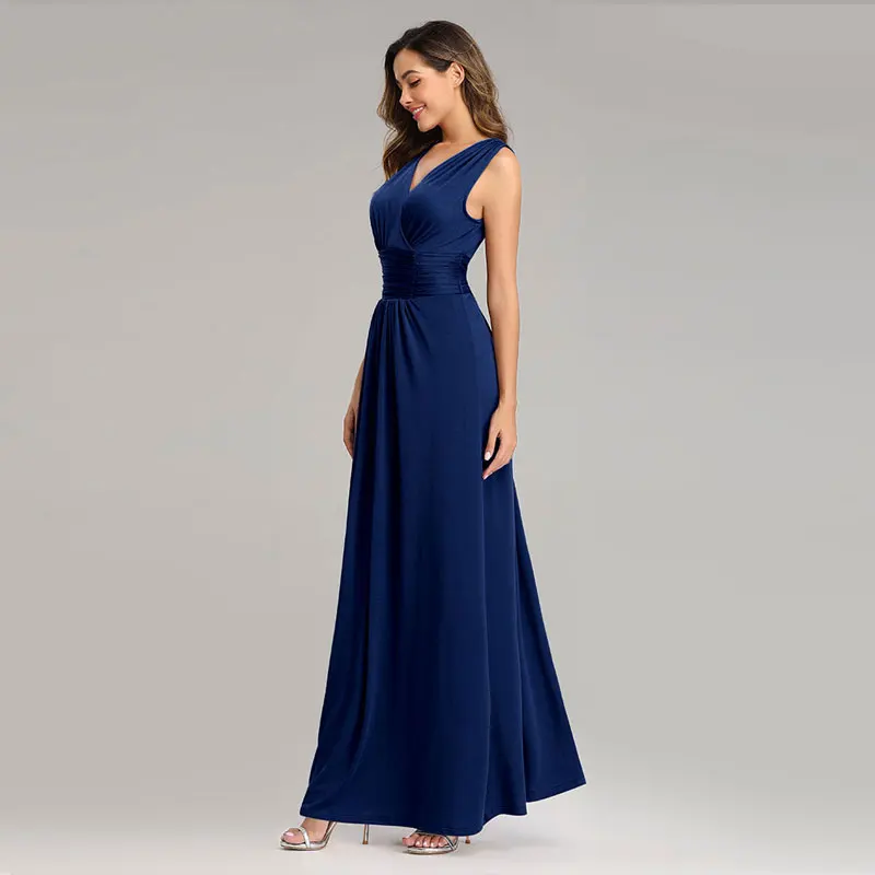 Beauty Emily Flexible V Neck Chiffon Evening Dresses Long Sleeveless Plus Size Open Back Pleated Formal Prom Gowns for Party