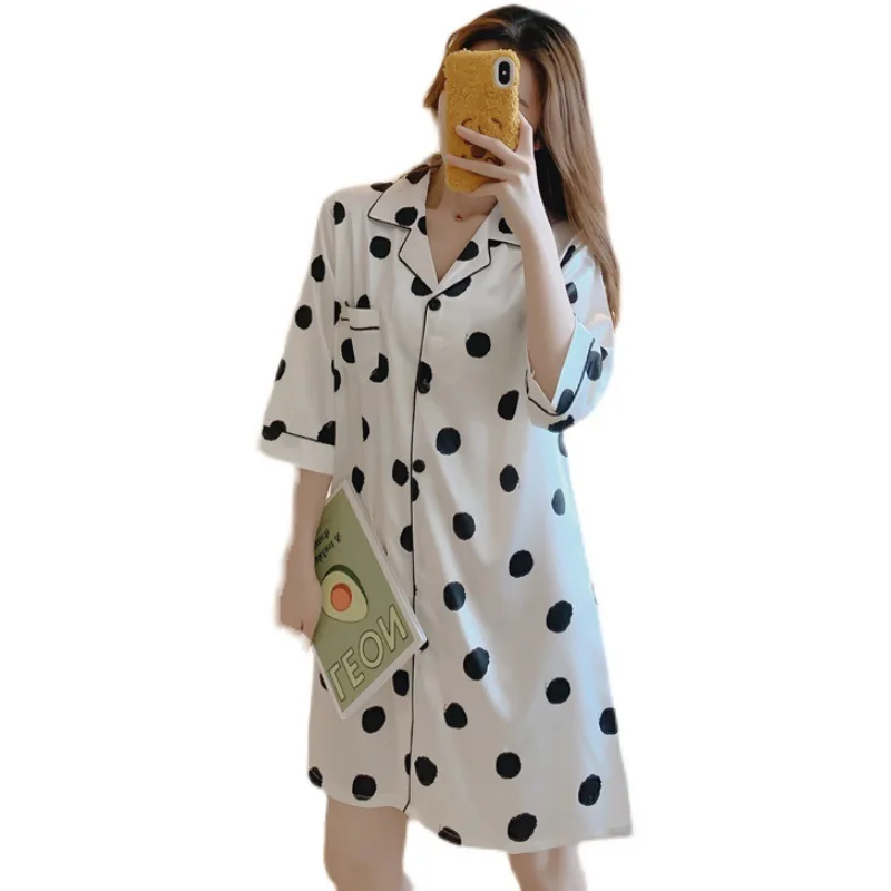 2021 Spring Summer New Simulation Silk Nightdress Women's Simple Fresh Cardigan Small Lapel Shirt Nightwear Housewear Sleepwear