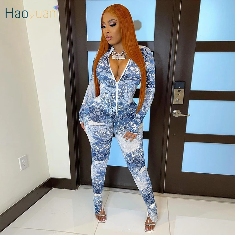 

HAOYUAN Sexy Print Bodycon Jumpsuit Long Sleeve Zip Birthday Outfits for Women Fall Y2k Clothing One Piece Night Club Rompers
