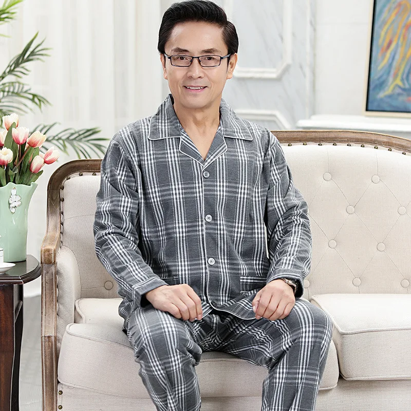 

Middle-Aged And Elderly Cotton Dad Pajamas Spring Autumn Long-Sleeved Cardigan Suit Men'S Sleepwear Pijama Home Service Oversize