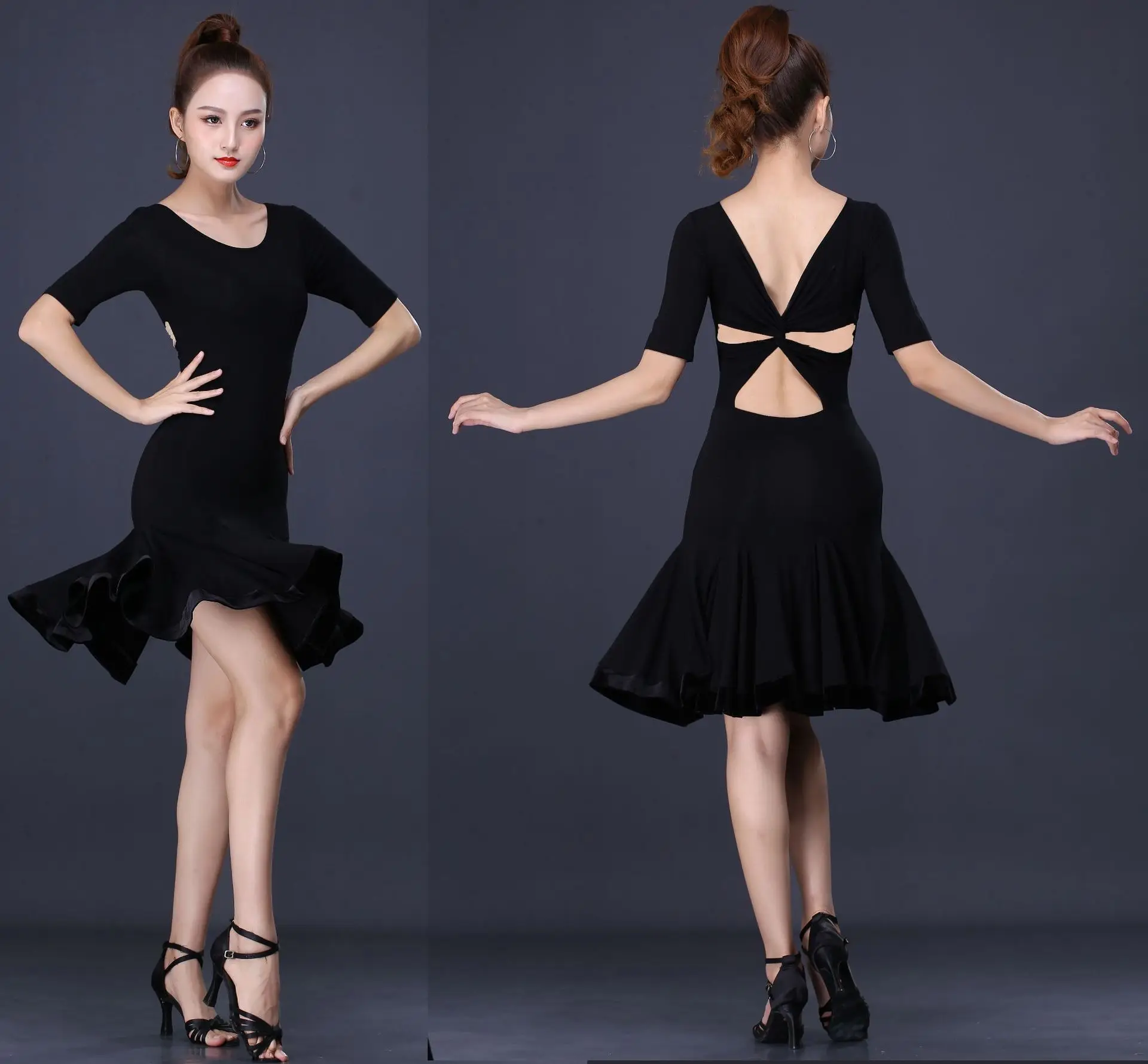 

Girls Latin Dance Costume Female Adult Training Expansion Dress Salsa Tango Rumba Ballroom Leotards Sexy WOMEN Black Modal