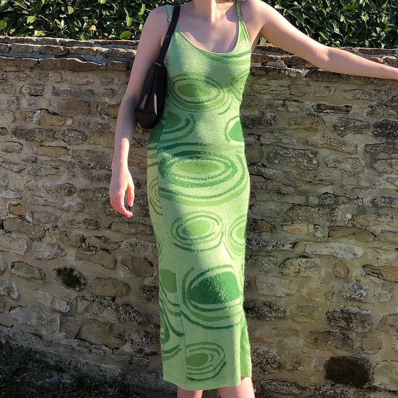 

2021 New Women Print Knit Bodycon Dress Summer Sexy Green Y2K Hollow Out Sleeveless Spaghetti Strap Beach Midi Dresses