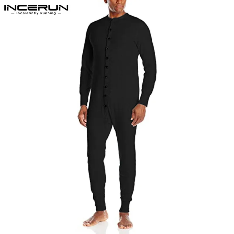 INCERUN Autumn Men Sexy Onesies Jumpsuits Pajama Long Sleeve Rompers Overalls Sleepwear Buttons Pyjamas Nightwear Mens Homewear