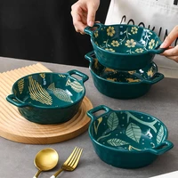 two eared round bowl japanese ramen bowl ink green glaze under colored ceramic household noodle bowl salad bowl