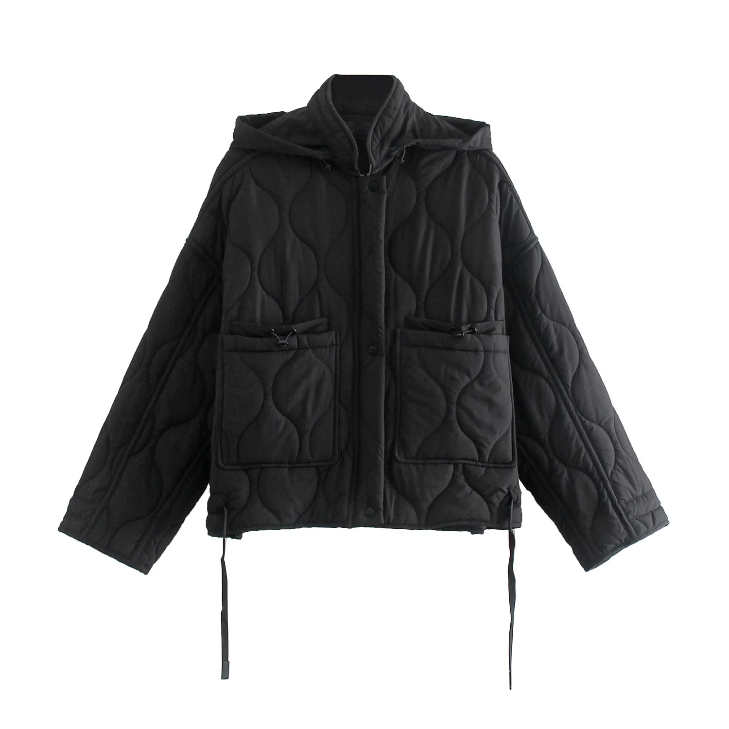 

Women Winter Black Warm Hoodie Jacket Female Loose Stand Collar Zipper Front Snap Button Pocket Adjustable Hem Down Coat