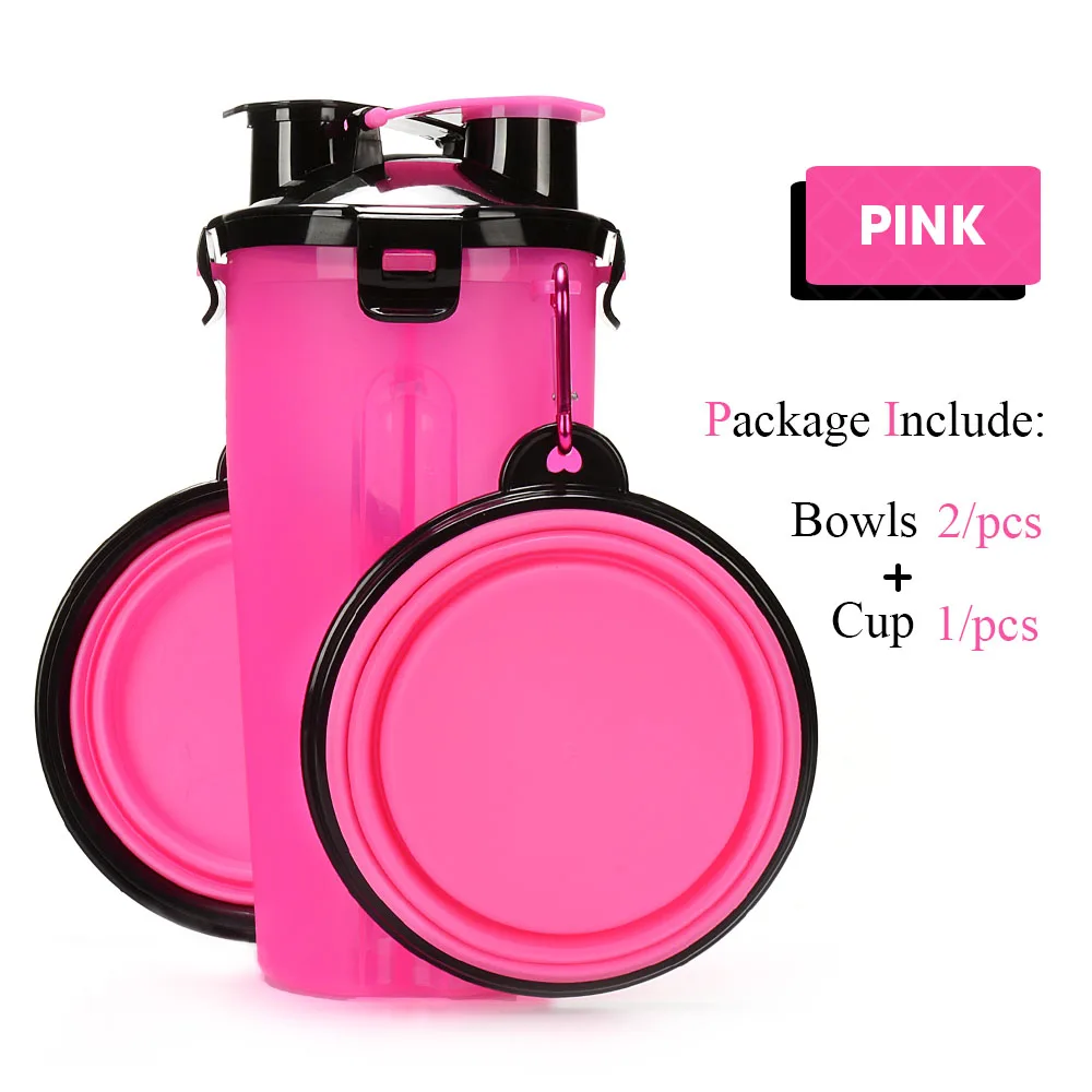 pink wIth 2 bowl Портативная 2 в 1 ПЭТ бутылка для воды контейнер для еды со складной силиконовой миской для домашних животных уличная дорожная кормушка для кошек и собак чашка - Цвет: pink wIth 2 bowl