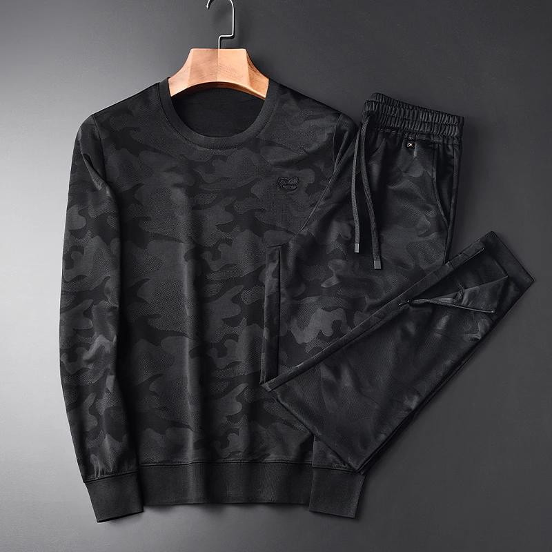 

New Spring Autumn Men Fleece Camouflage Sweatshirts Round Collar Fleece Hoodies (hoodies+pants) Elastic Waistbands Pants 4XL