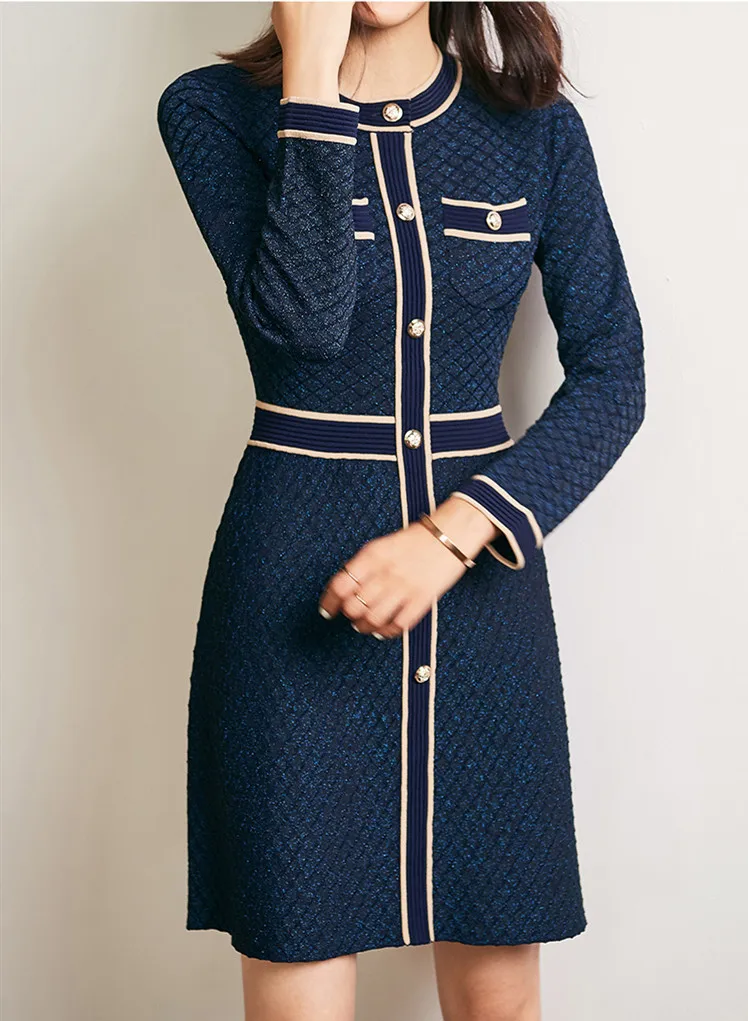 Элегантное трикотажное женское платье-джемпер осень 2019 модное однобортное