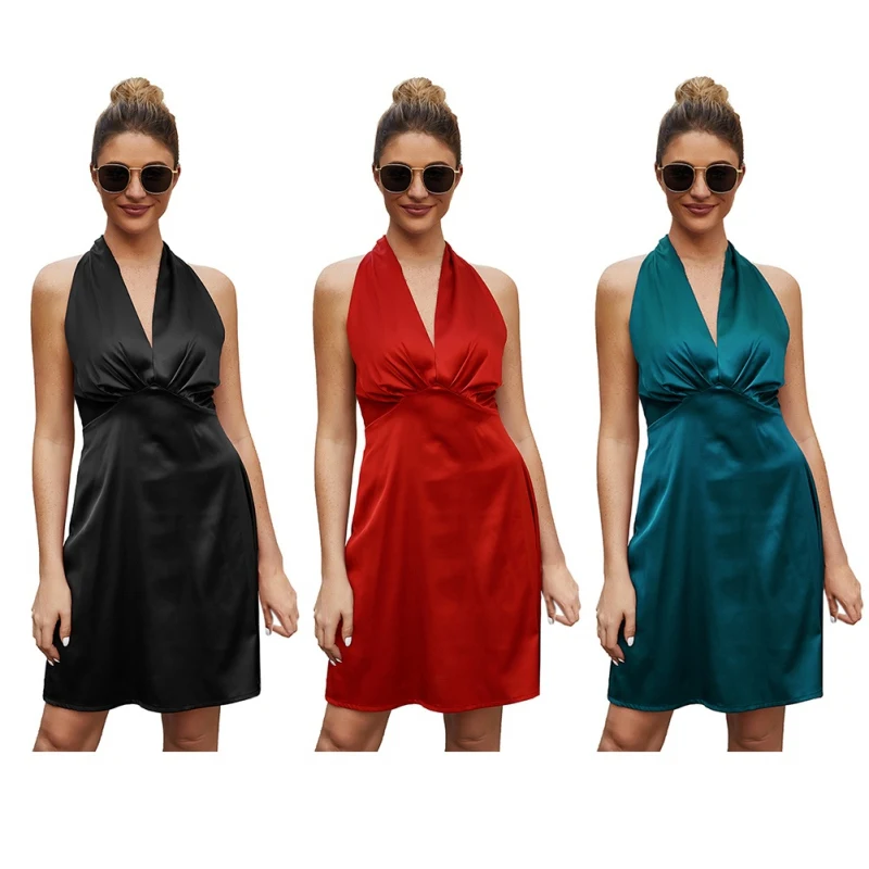 

Hot Sexy Deep V Neck Backless Dress Women Off Shoulder Halter Elegant Party Club Strap Dresses Vestidos Summer Dress