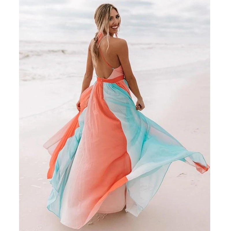 

WEPBEL Dress Summer Sexy High Waist Stitching Mesh Dress Women's Casual Sleeveless V-neck Spaghetti Strap Backless Dress