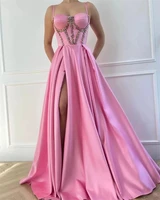 crystal pink a line evening dress spring style strap tailor made prom party pageant graduation gown fashion satin robe de mari%c3%a9e