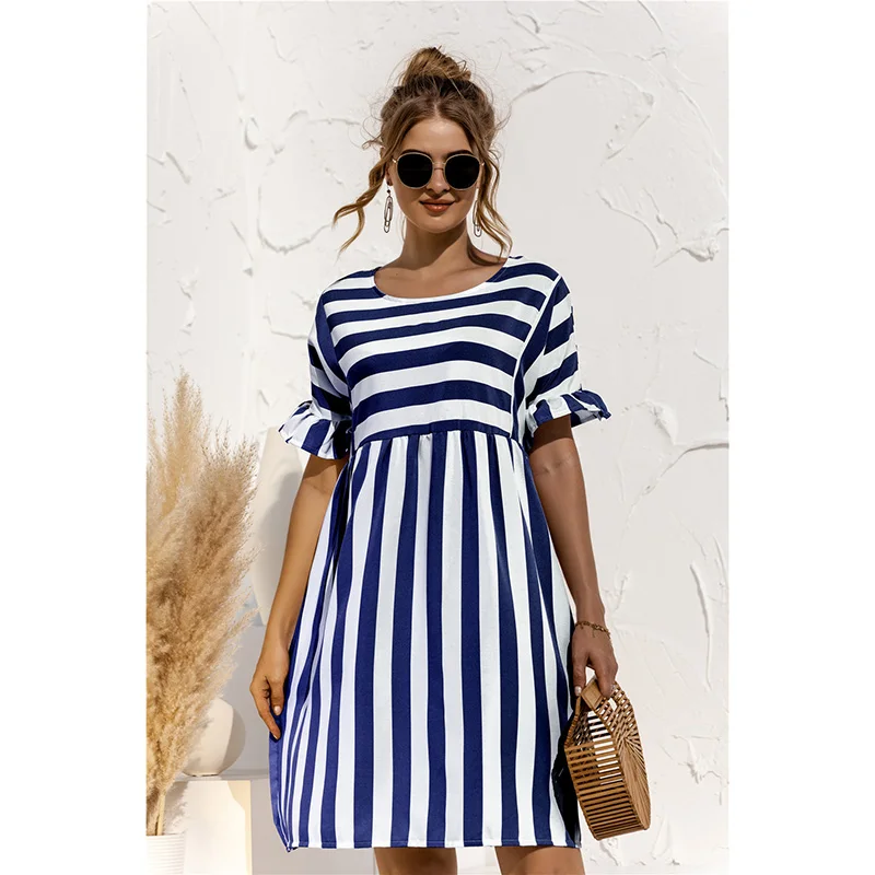 

Women Elegant Ruffle Sleeve Striped Patchwork A Line Dress 2021 Summer Casual High Waist O Neck Loose Pocket Dress Beach Wear