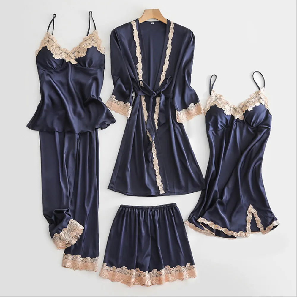 

Women's spring and summer sexy pajamas five-piece simulation silk nightgown suspenders nightdress home service