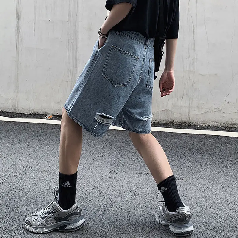 

Shorts Womens Denim Hole Ripped Vintage BF Streetwear Hip Hop Button-fly High Waist Harajuku Wide-leg Trousers Fashion Unisex