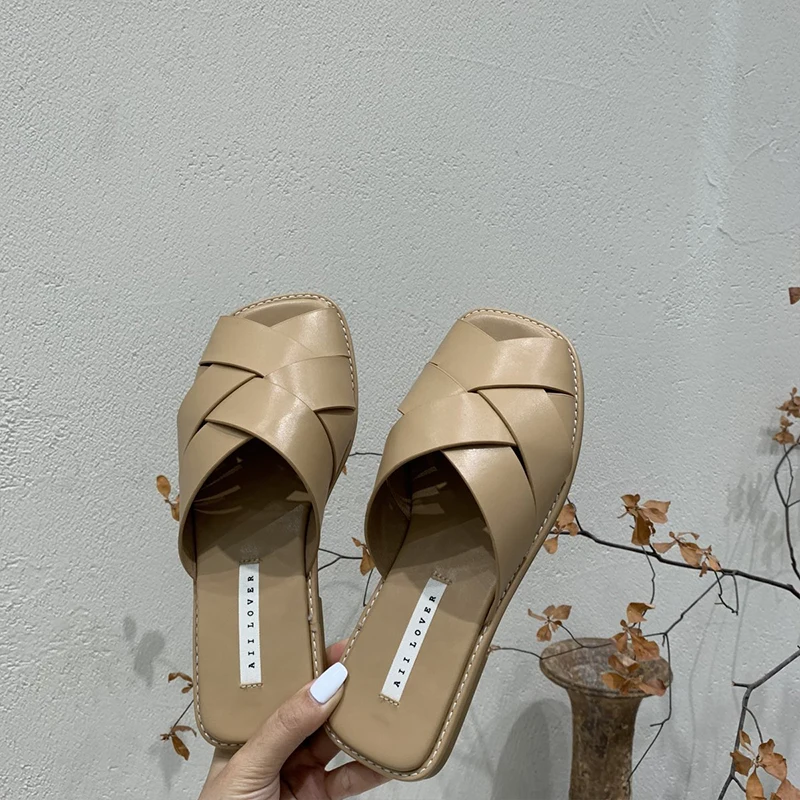

Flat Shoes Female Square Toe Slippers Casual Fretwork Heels Slides Slipers Women Luxury Soft Summer 2021 Rome Basic Rubber Scand