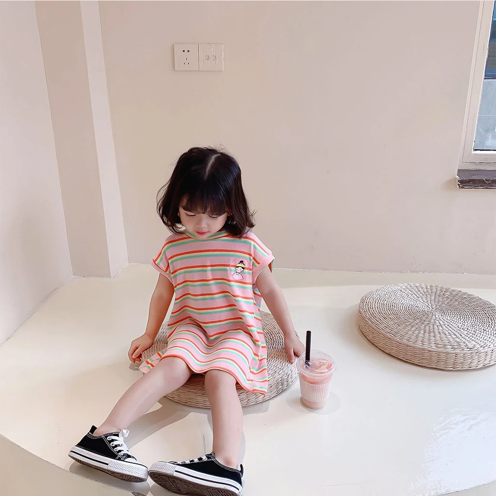 

Children's Spring and summer new style, girls plus long skirt t Korean version knitted stripe printing t round neck casual skirt