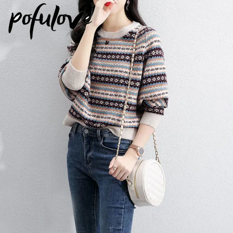 Свитер женский в этническом стиле пуловер ретро вязаный Свободный Топ трендовый