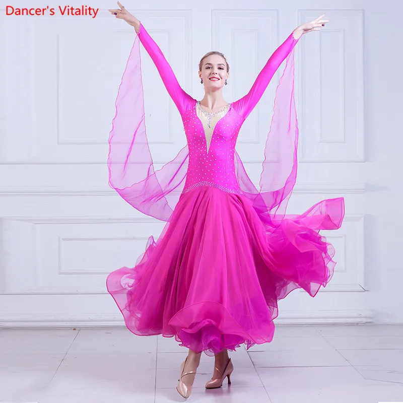

Round Neck Waltz Competition Dresses For Women Sexy Dance Dresses Long Sleeve Ballroom Dance Spandex + yarn+Rhinestone Dresses