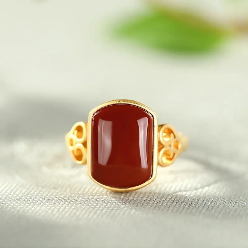 

Southern Red Agate Ring Female S925 Sterling Silver Jade Court Retro Personalized Index Finger Ring Square Elegant Adjustable Br