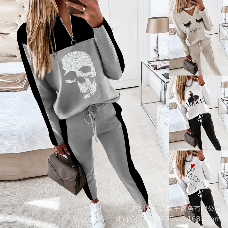 

WEPBEL Women's Casual Solid Color Print Slim Fit Suit Spring High Waist Lace-up Pencil Pants + Long Sleeve O-Neck Sweater Suit