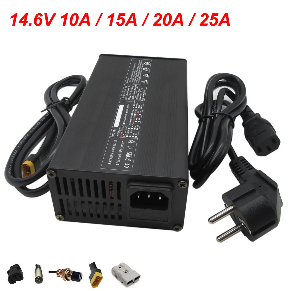 

14.6V 10A 15A 20A 25A 30A LiFePO4 Battery Smart Charger For 4S 12V 12.8V LFP Touring Car Energy Storage RV Fast Charger With Fan