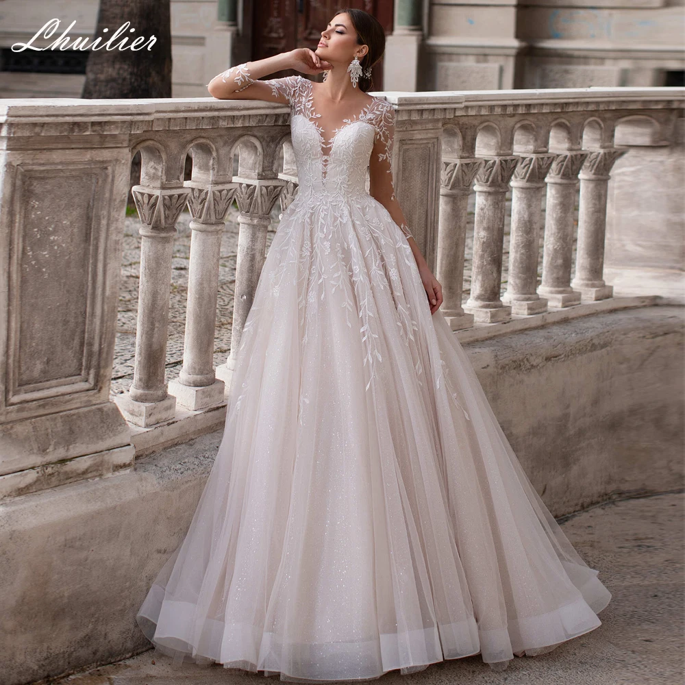 

Lhuilier A-line Full Sleeves Tulle Wedding Dresses Scoop Neck Floor Length Lace Appliques V-Back Bridal Dress Court Train