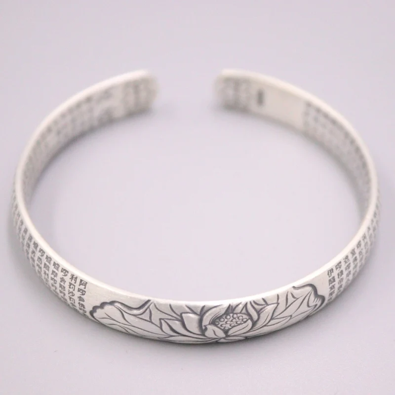 

New Fine Pure S925 Sterling Silver Bangle Women 9mm Lotus Heart Sutra Figure Bracelet 57-62mm 36-37g