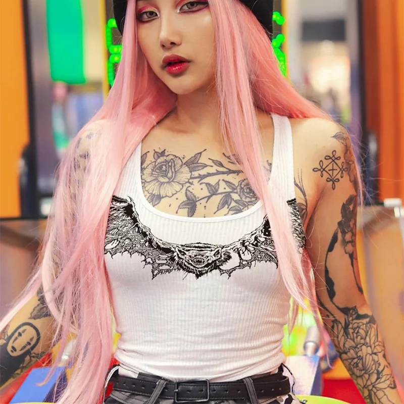 

2020 Women Sexy Gothic Punk Style Print White Tank Tops Slim Fit Club Casual Female Crop Tops Streetwear Clubwear Fashion