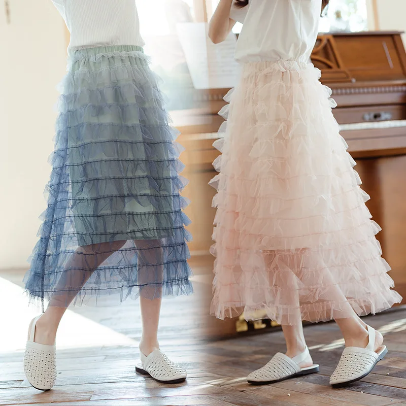 

4 To 17 Y Toddler Teen Girl Mesh Layered Skirts Children Summer Clothes Girls Tutu Skirt Princess Long Ball Gowm Skirt Kids 2021