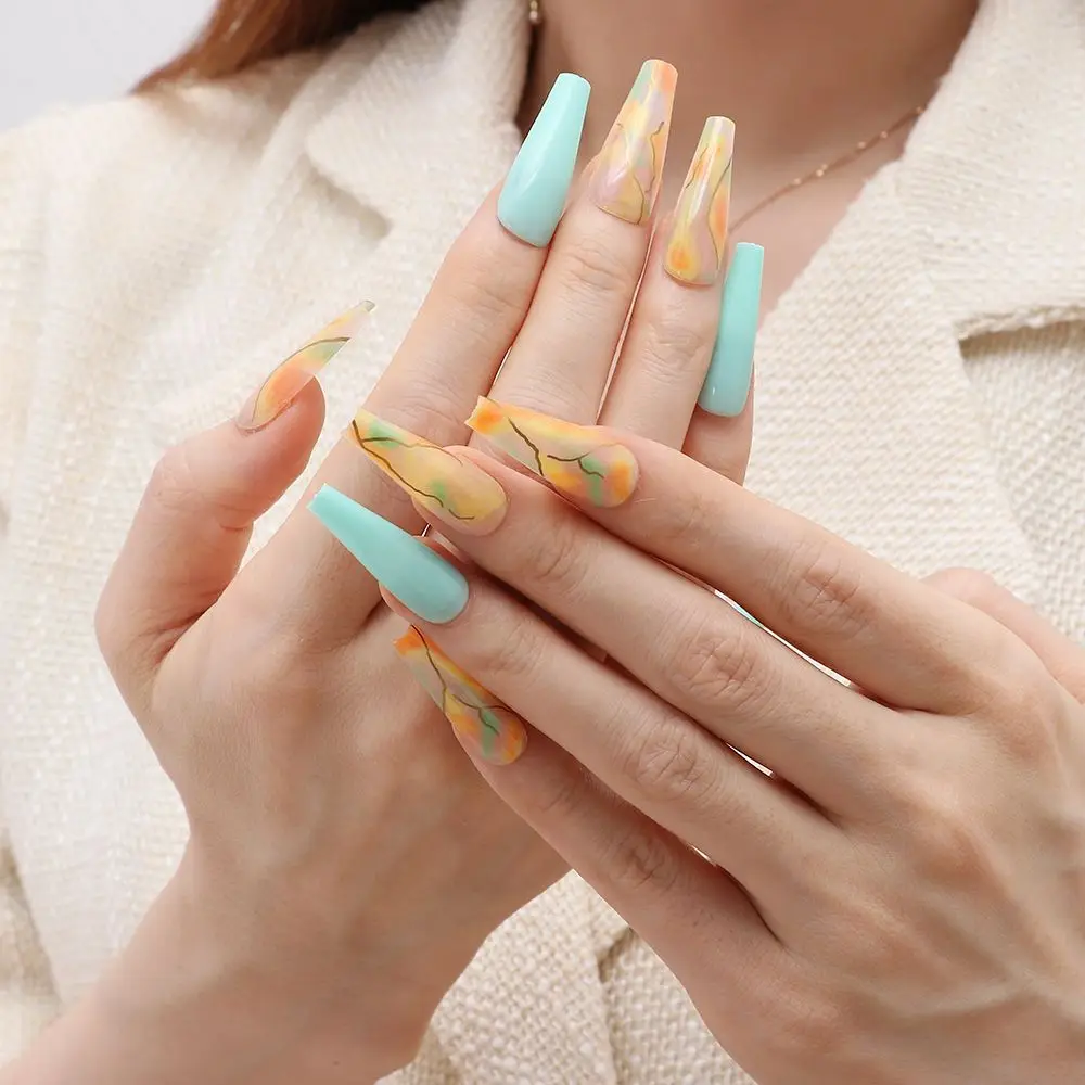

Fashion Fake Nail Jelly Gum Extra Long False Nails Ballerina Green Coffin Nail Tip