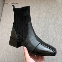 med heels thick boots women ankle booties woman square toe genuine leather shoes female zip shoes ladies spring 2020 new shoes