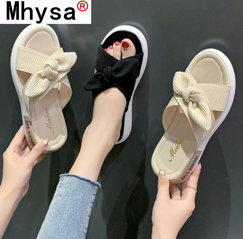 

Summer House Slippers 2021 New Fashion Bow Open Toe Women Flat Slippers Soft Comfortable Outdoor Beach Casual Women's Sandals
