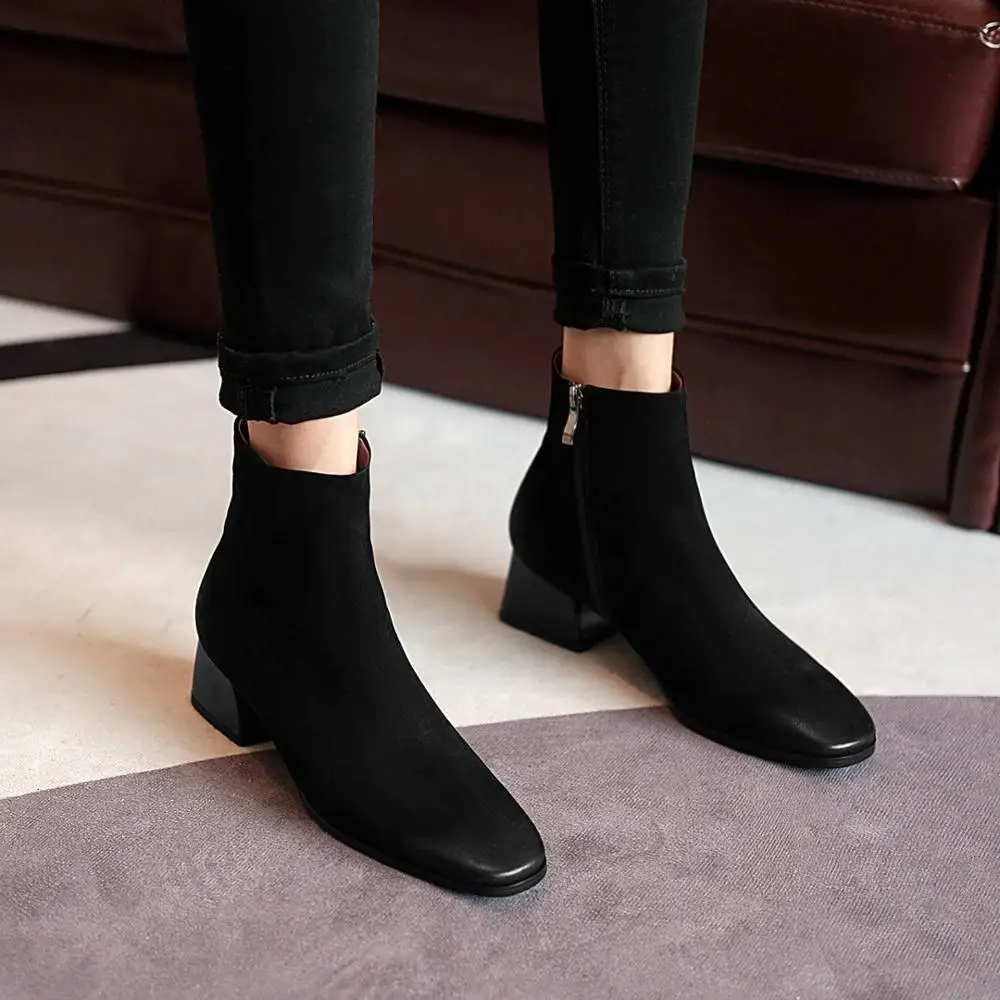 

Krazing pot vintage sheep suede high quality square toe thick med heel zipper office lady dating superstar dress ankle boots L63
