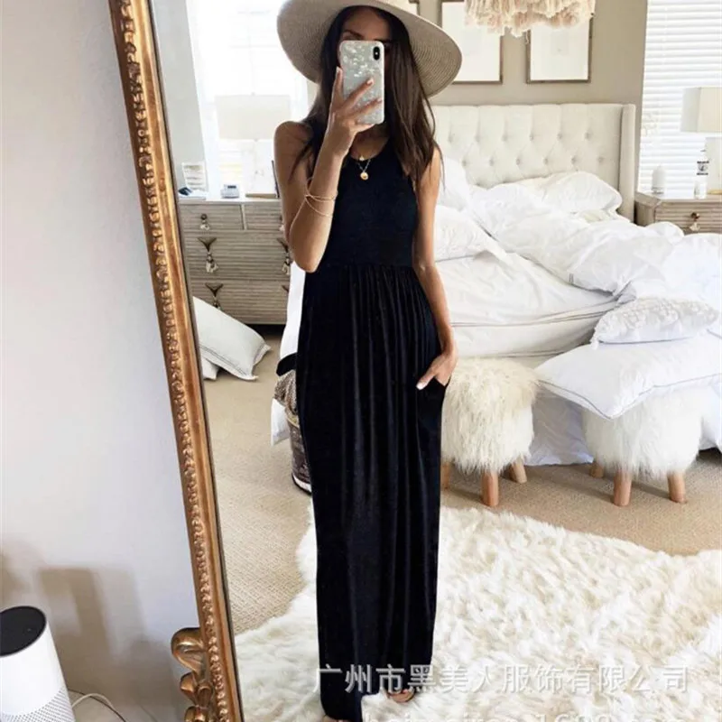 

Casual Vintage Women Slim Tank Dress 2020 Summer Elegant O-neck Sleeveless Pockets Maxi Dress