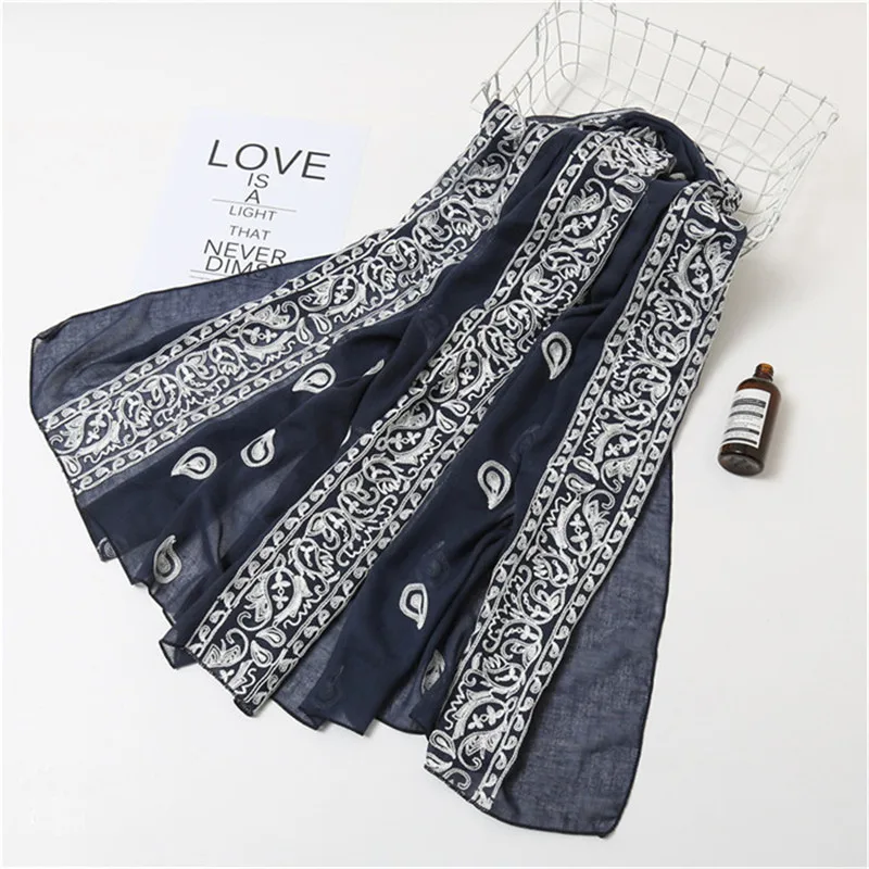 Женский простой хлопковый шарф с золотой вышивкой хиджаб однотонный накидка