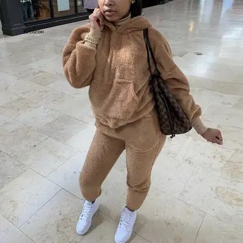 Tracksuits Casual Plush Warm Fluffy Suits Women's Long Sleeve Hooded Sweatshirt Hoodie Long  Sporty 2 Piece Set 1