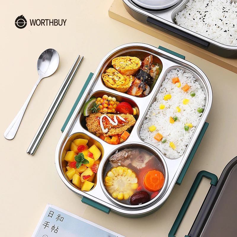 

WORTHBUY 5 Grid Lunch Box 18/8 Stainless Steel Food Container With Tableware Bowl Leak-Proof Bento Box For Kid School Food Box
