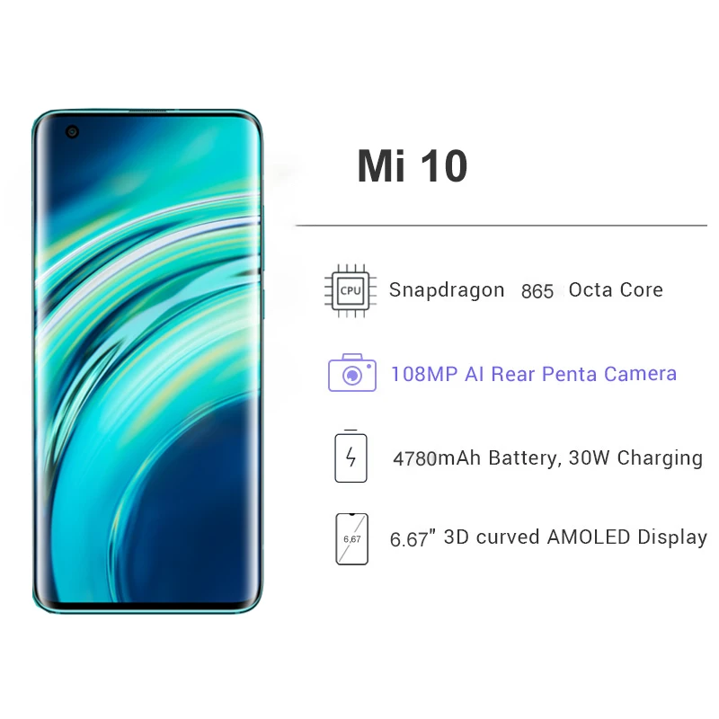 Смартфон Xiaomi Mi 10 8 ГБ 128 865 МП Snapdragon 6 67 восемь ядер 3 дюймовый AMOLED дисплей Wi Fi